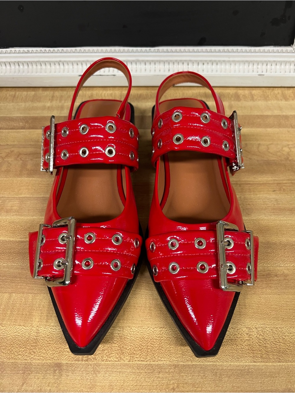 Patent Red Pointed-Toe Buckle Slingback Flats - Women